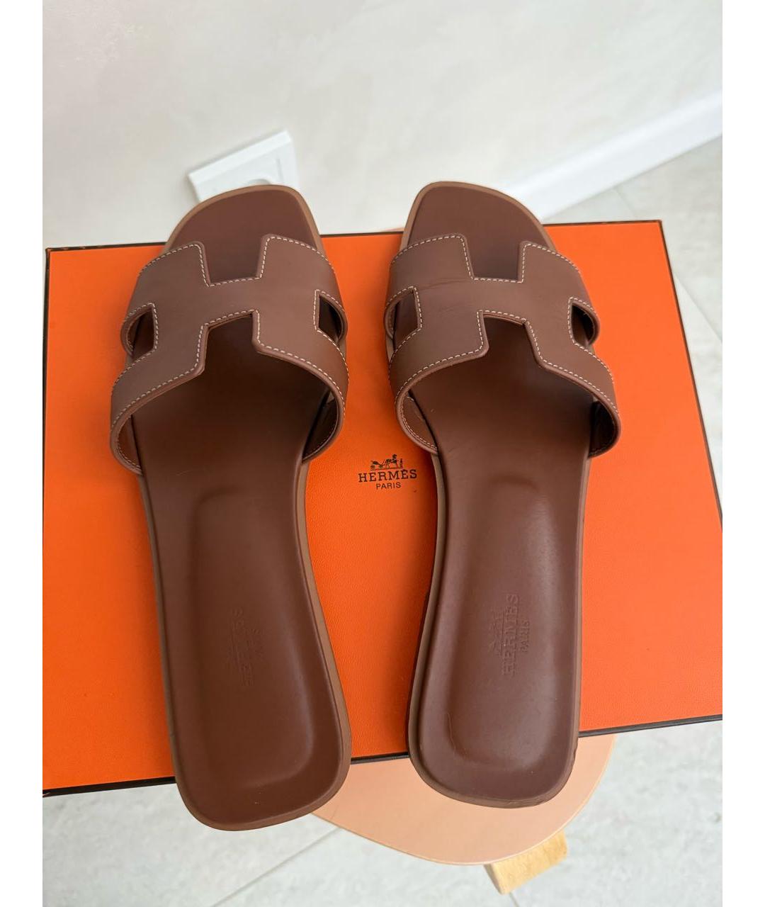 HERMES Коричневые кожаные шлепанцы, фото 9