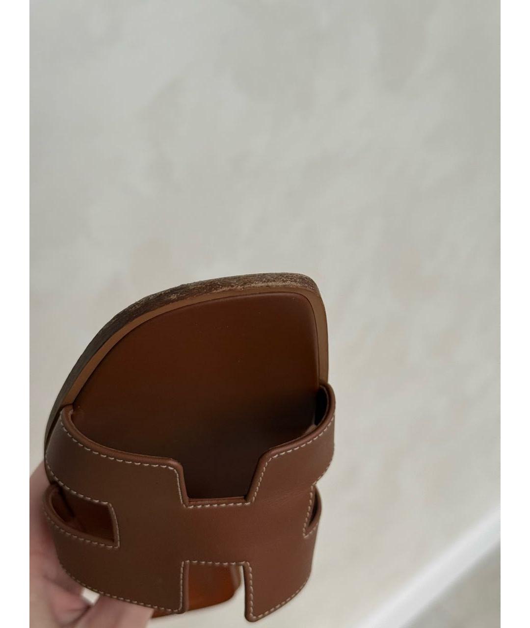 HERMES Коричневые кожаные шлепанцы, фото 3