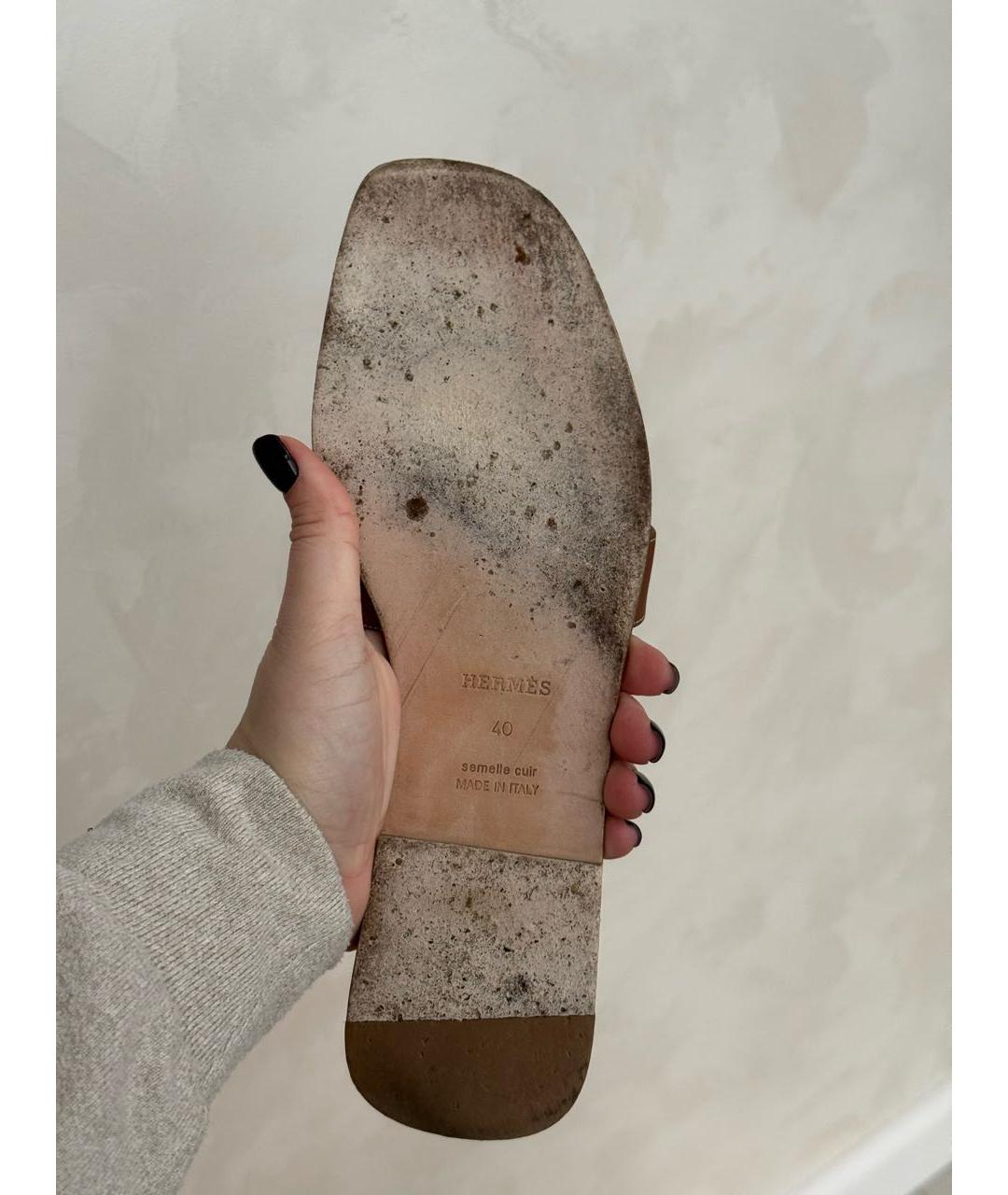 HERMES Коричневые кожаные шлепанцы, фото 5