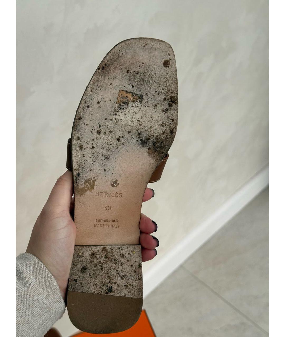 HERMES Коричневые кожаные шлепанцы, фото 8