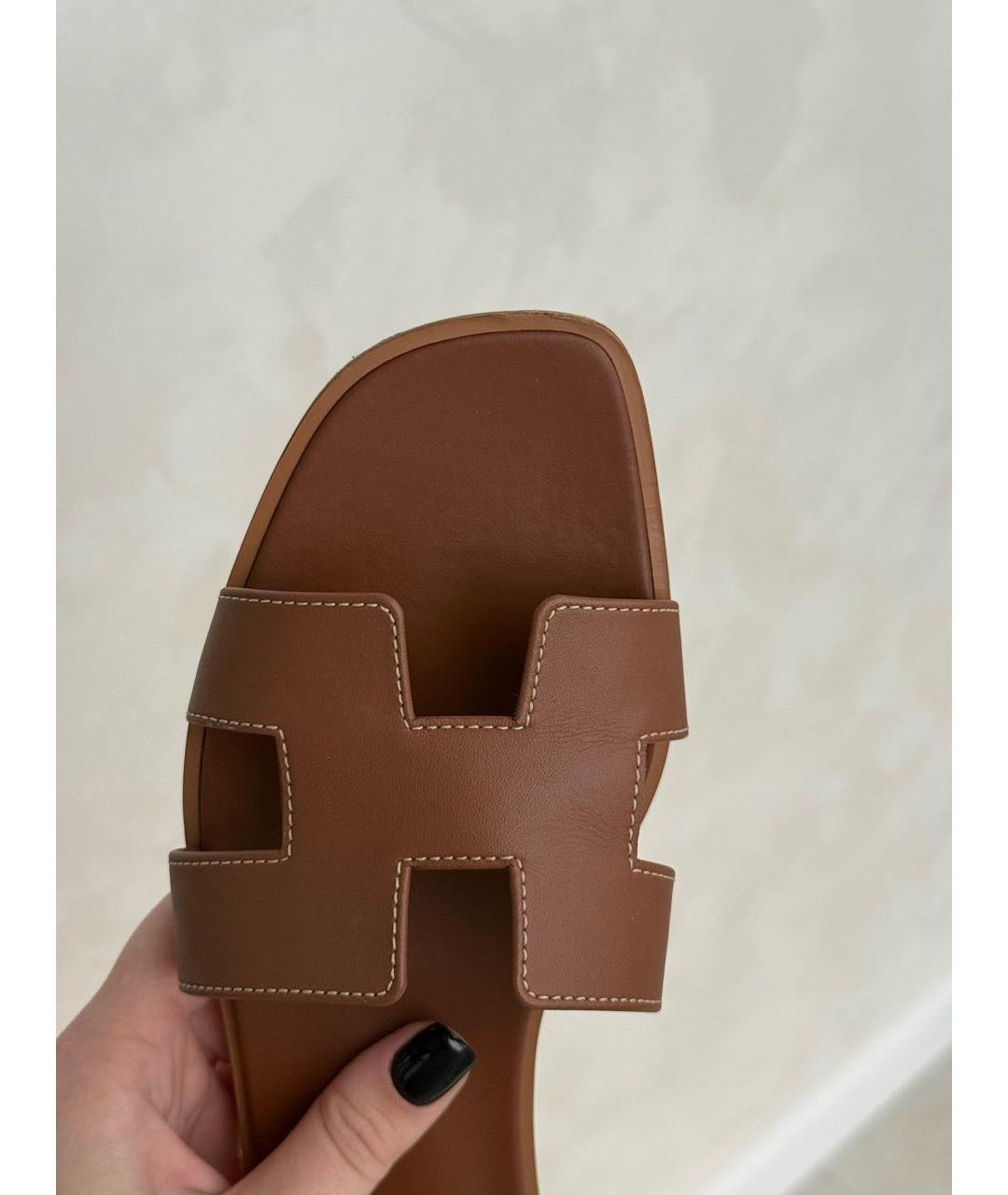 HERMES Коричневые кожаные шлепанцы, фото 2