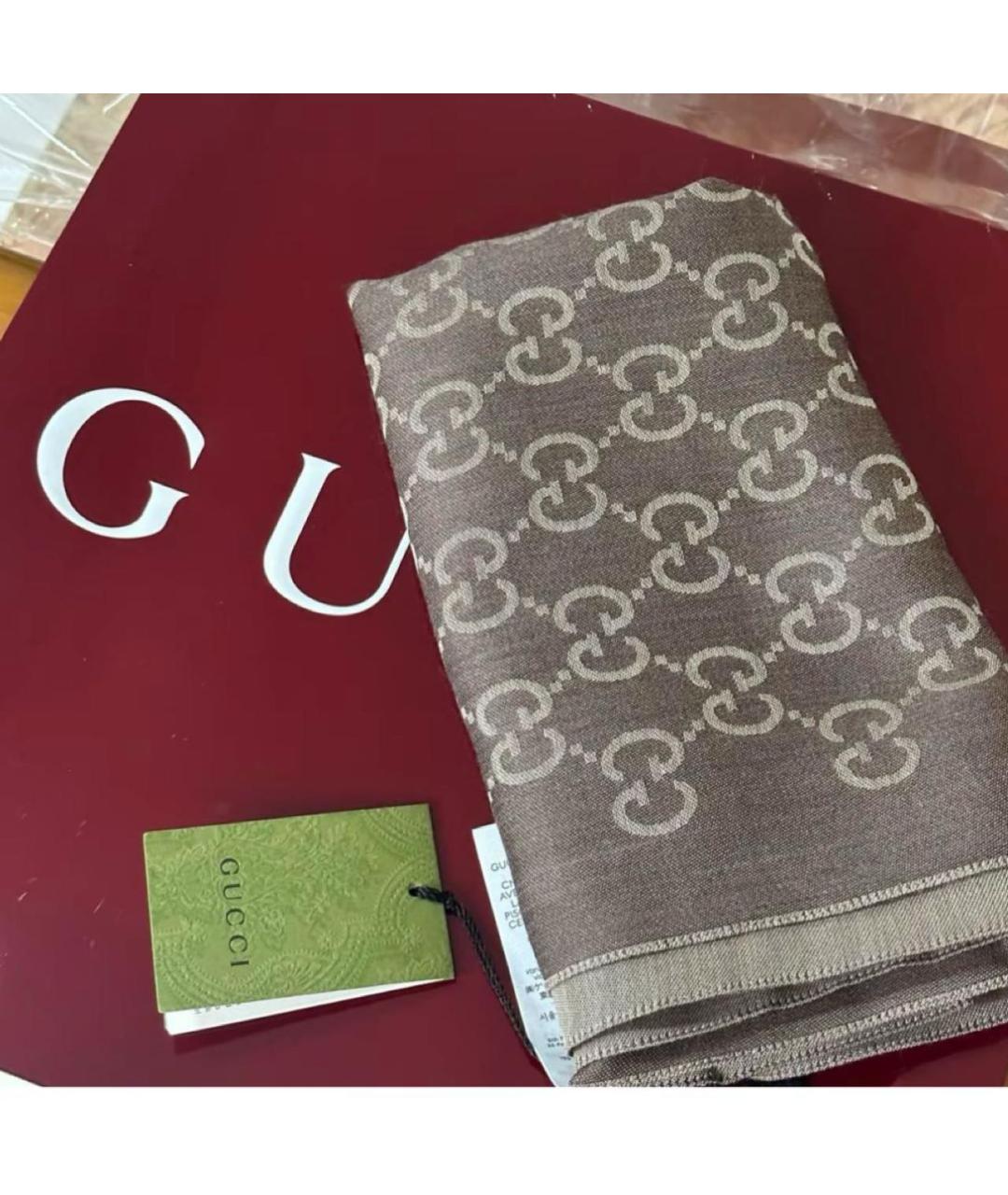 GUCCI Коричневый шерстяной шарф, фото 2