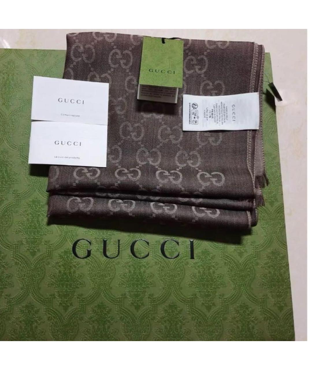 GUCCI Коричневый шерстяной шарф, фото 5