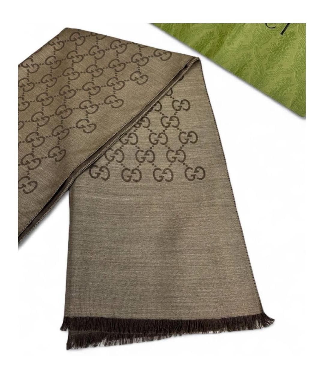GUCCI Коричневый шерстяной шарф, фото 4