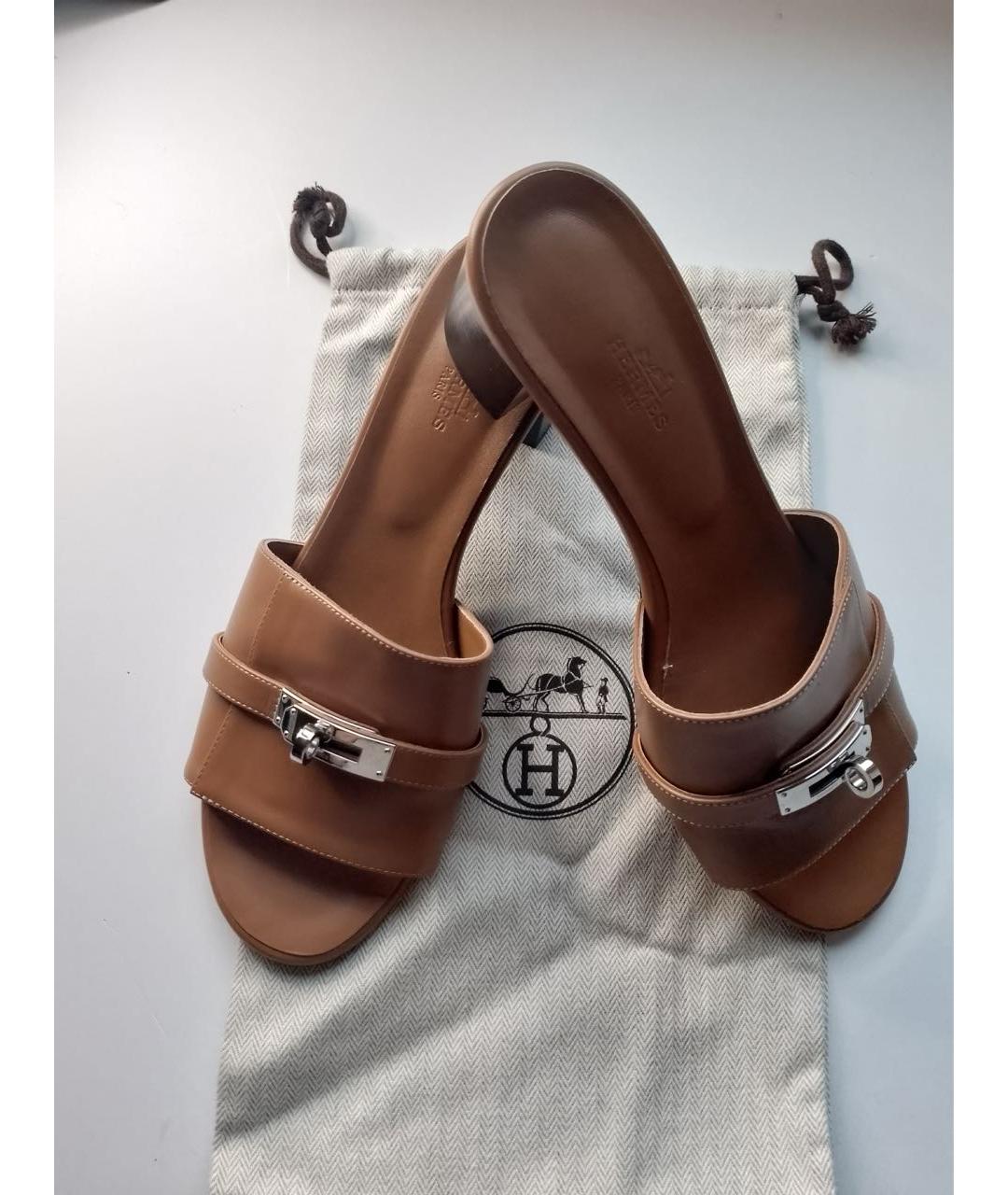 HERMES Коричневые кожаные мюли, фото 2