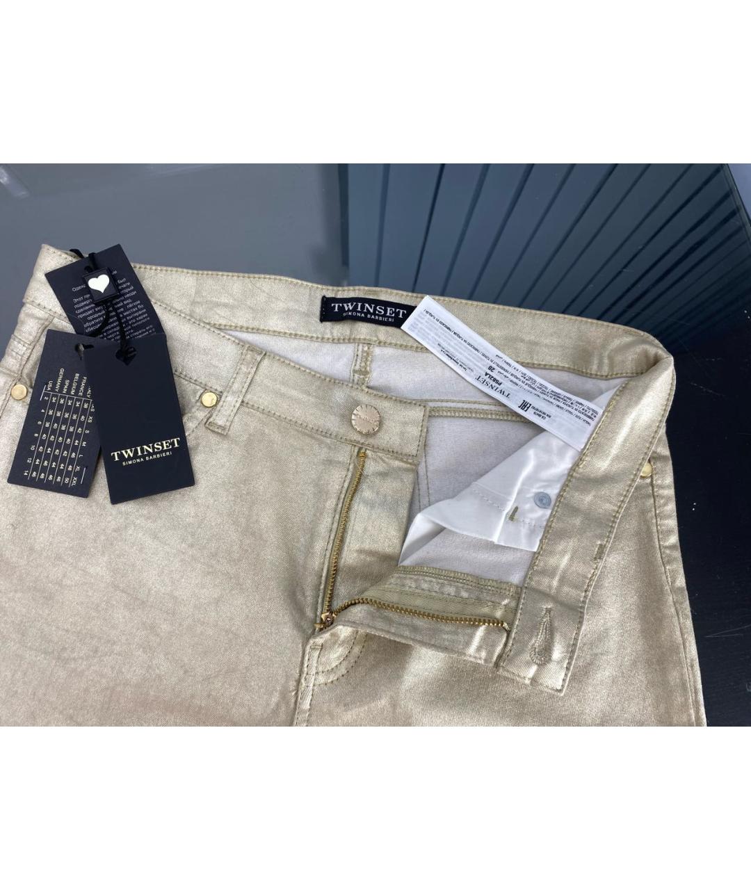 TWIN-SET Золотые хлопко-эластановые джинсы слим, фото 3
