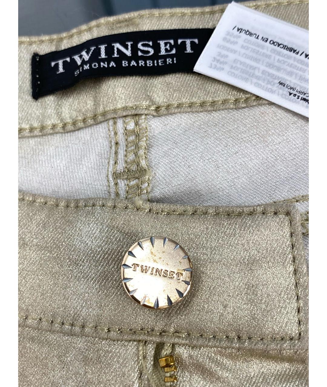 TWIN-SET Золотые хлопко-эластановые джинсы слим, фото 4