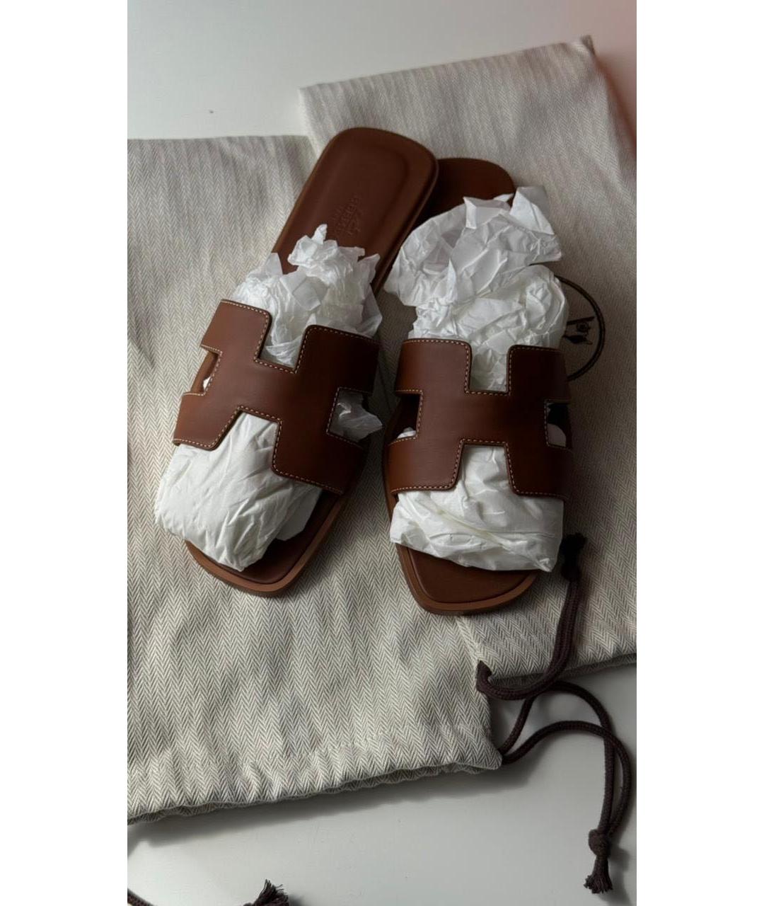 HERMES Коричневые кожаные шлепанцы, фото 3