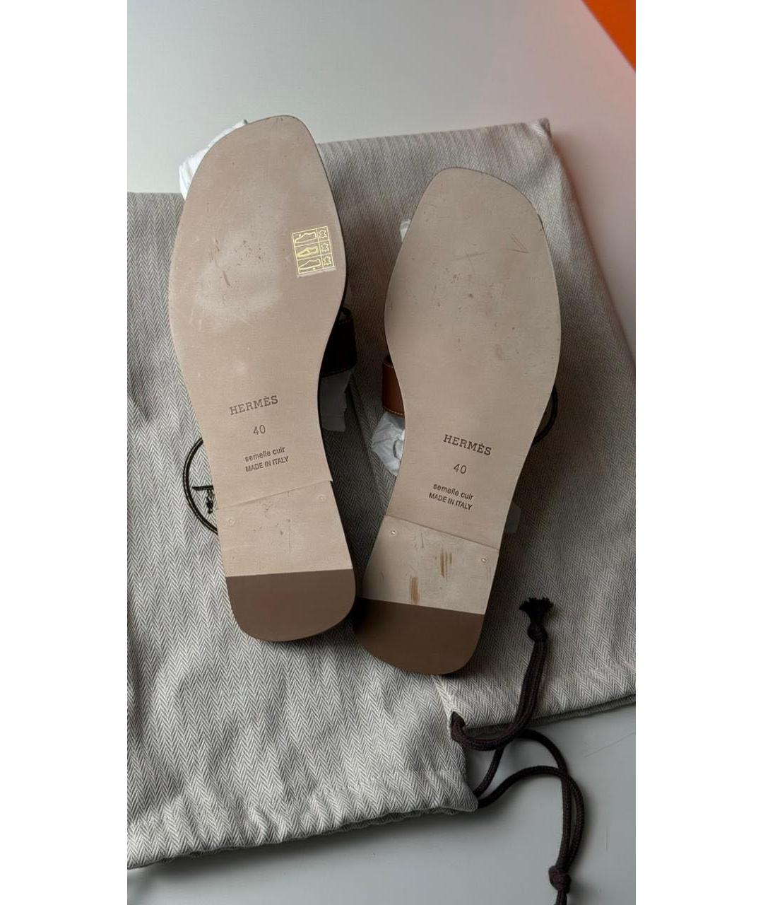 HERMES Коричневые кожаные шлепанцы, фото 5