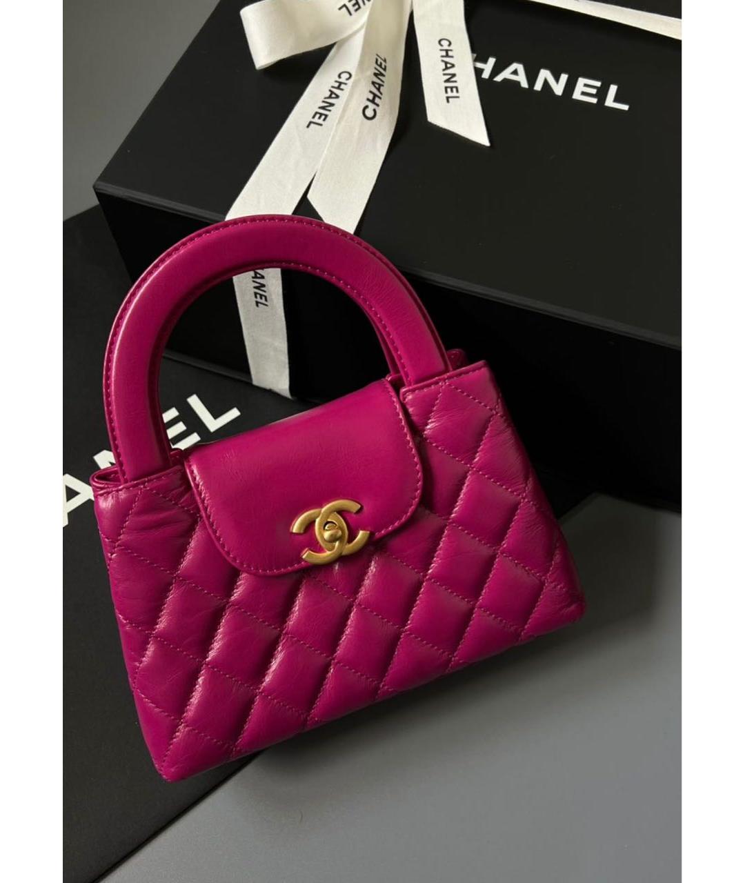 CHANEL Фуксия кожаная сумка с короткими ручками, фото 3