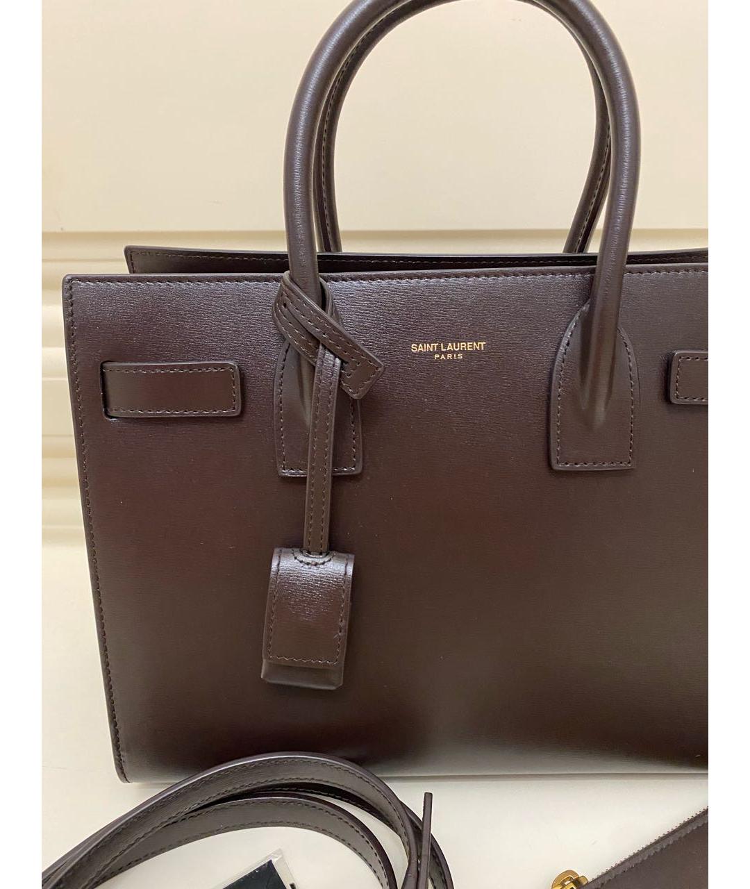 SAINT LAURENT Коричневая кожаная сумка с короткими ручками, фото 2