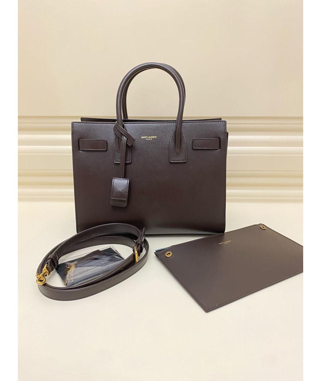 SAINT LAURENT Коричневая кожаная сумка с короткими ручками, фото 9