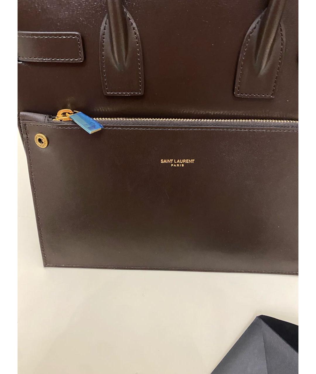 SAINT LAURENT Коричневая кожаная сумка с короткими ручками, фото 5