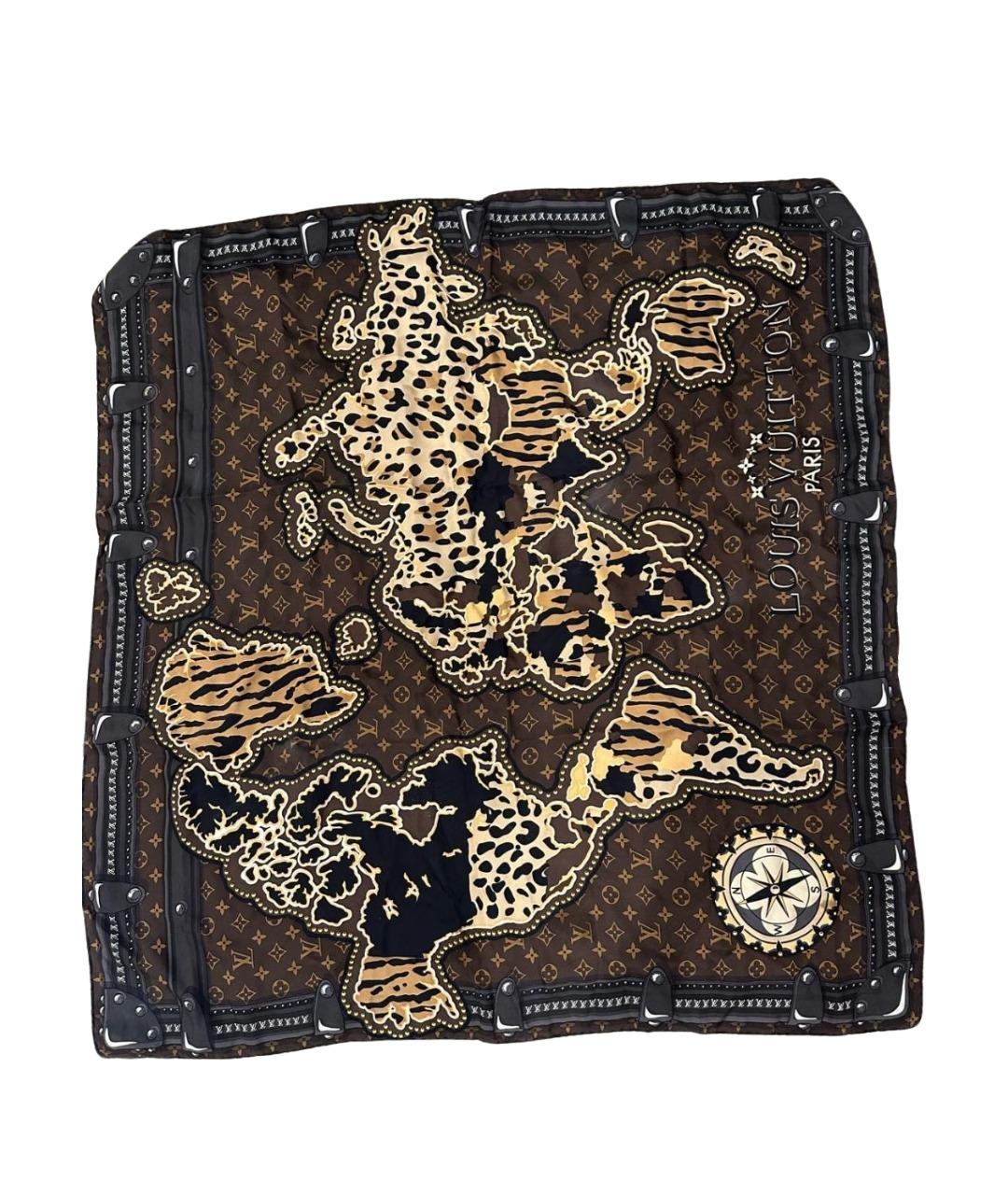 LOUIS VUITTON Коричневый шелковый платок, фото 1