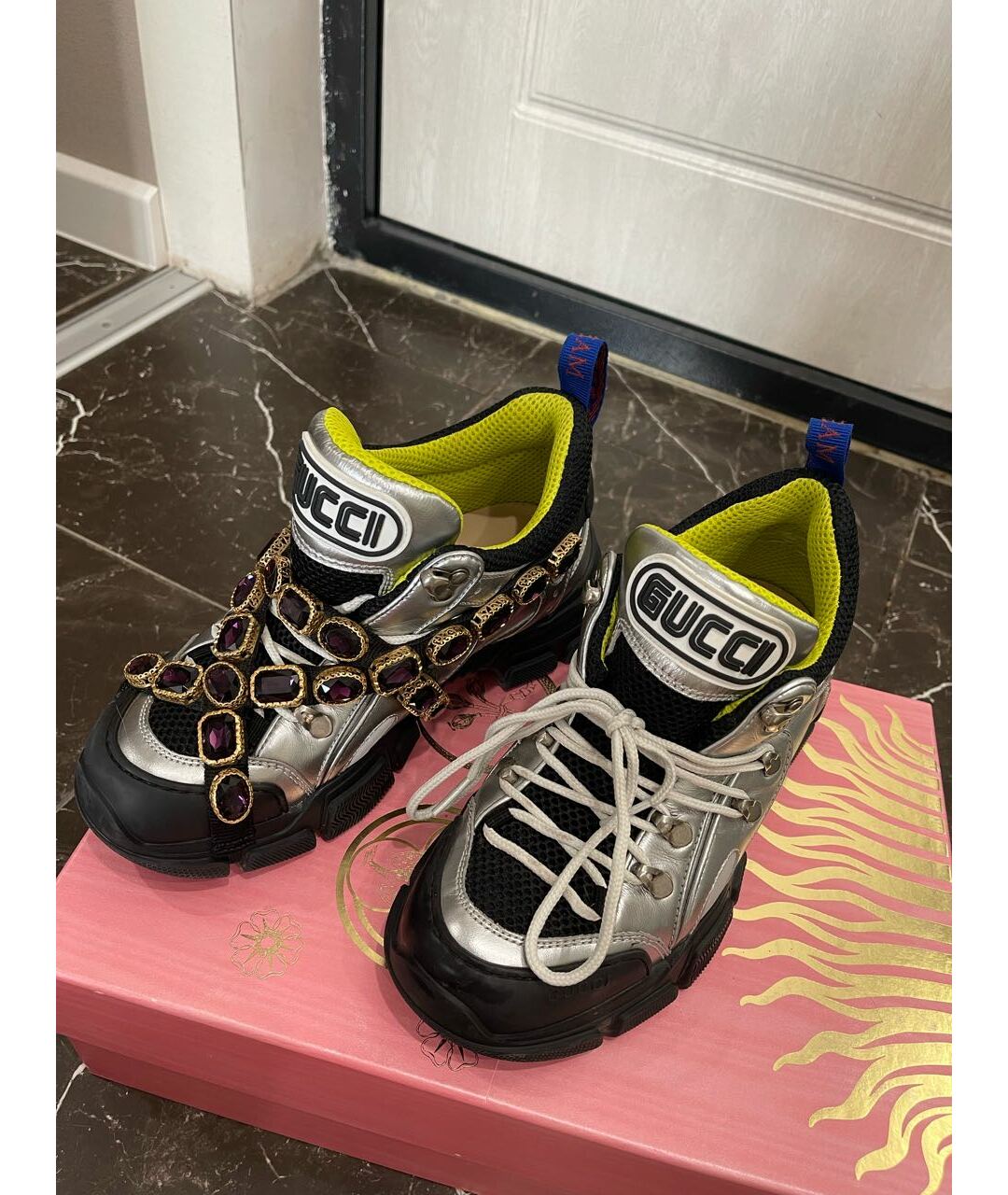 GUCCI Серебряные кожаные кроссовки, фото 4