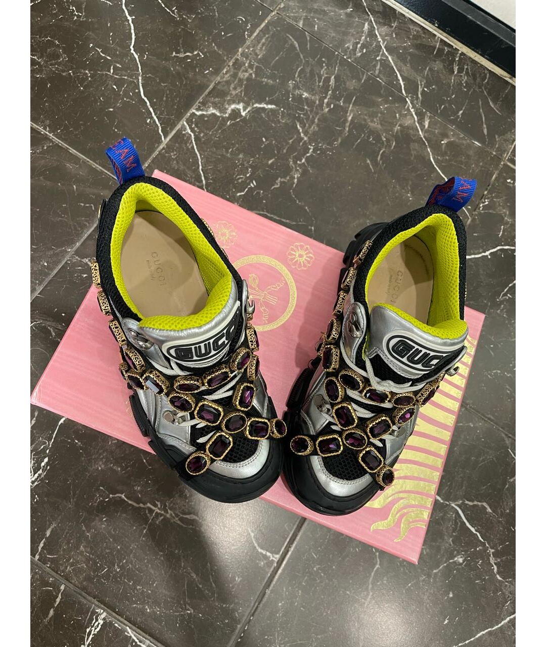 GUCCI Серебряные кожаные кроссовки, фото 7