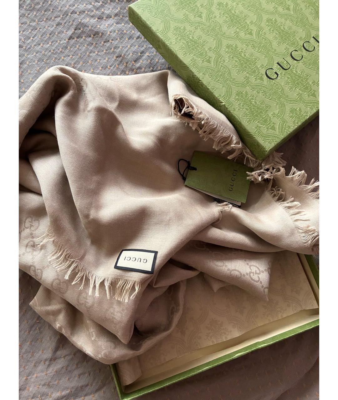 GUCCI Бежевый шелковый шарф, фото 5