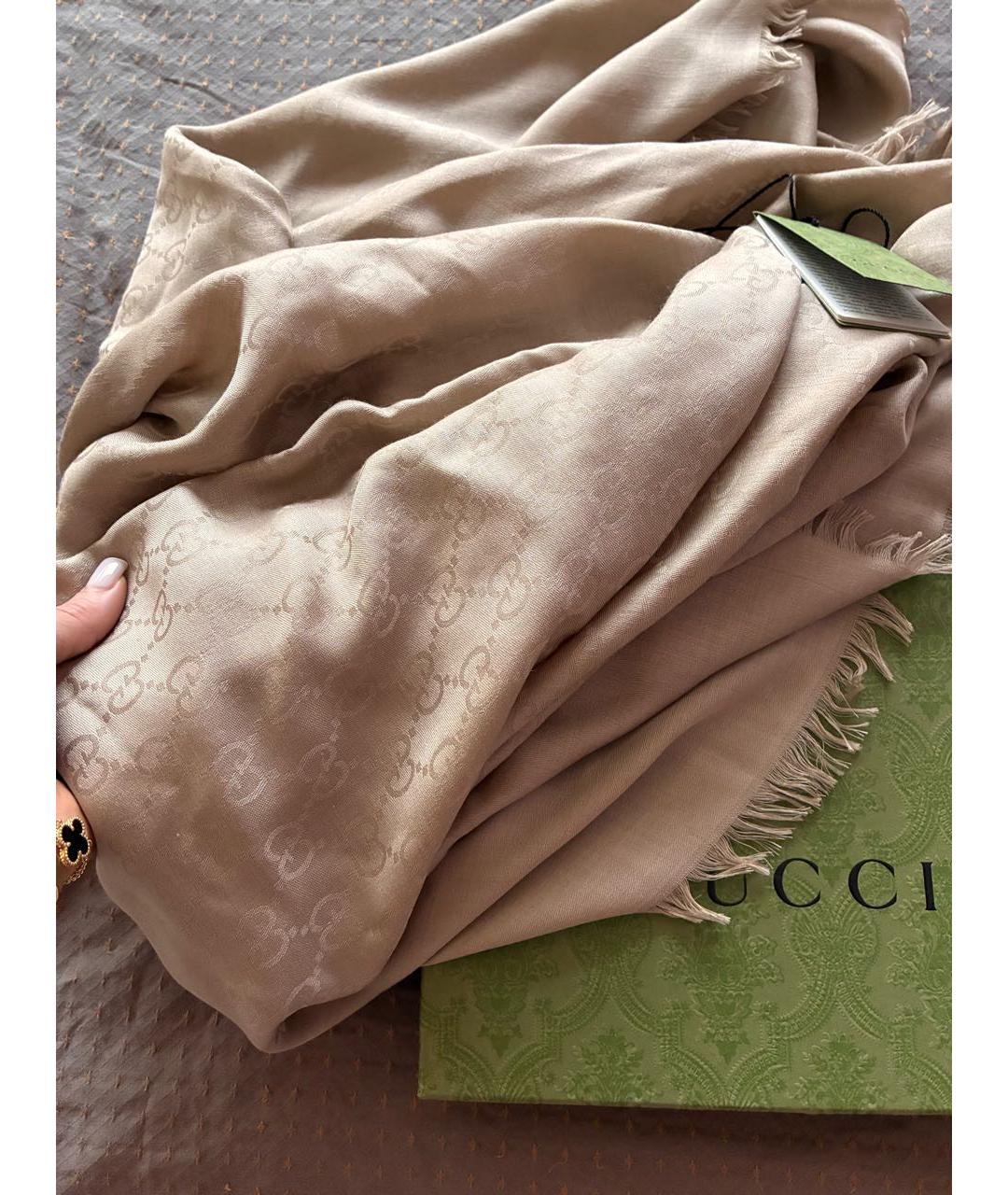 GUCCI Бежевый шелковый шарф, фото 6