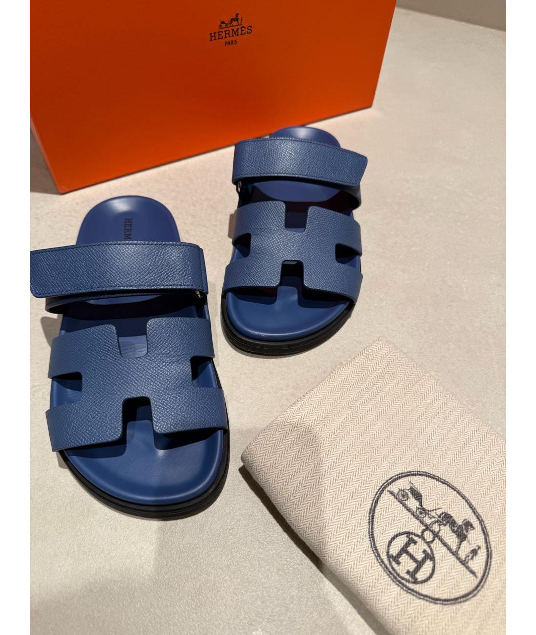 HERMES Синие кожаные шлепанцы, фото 2