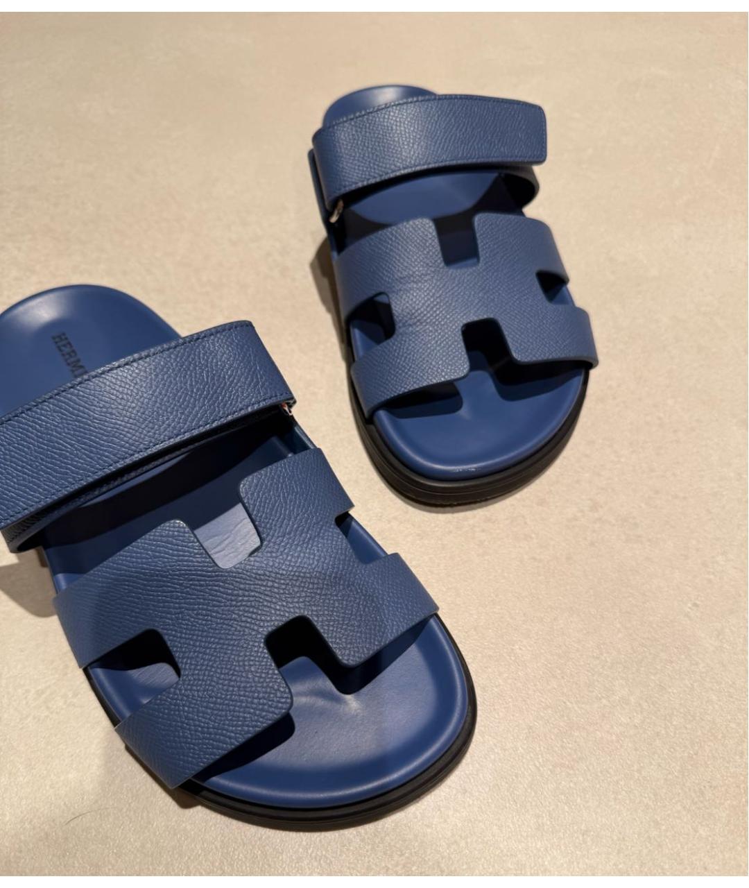 HERMES Синие кожаные шлепанцы, фото 8