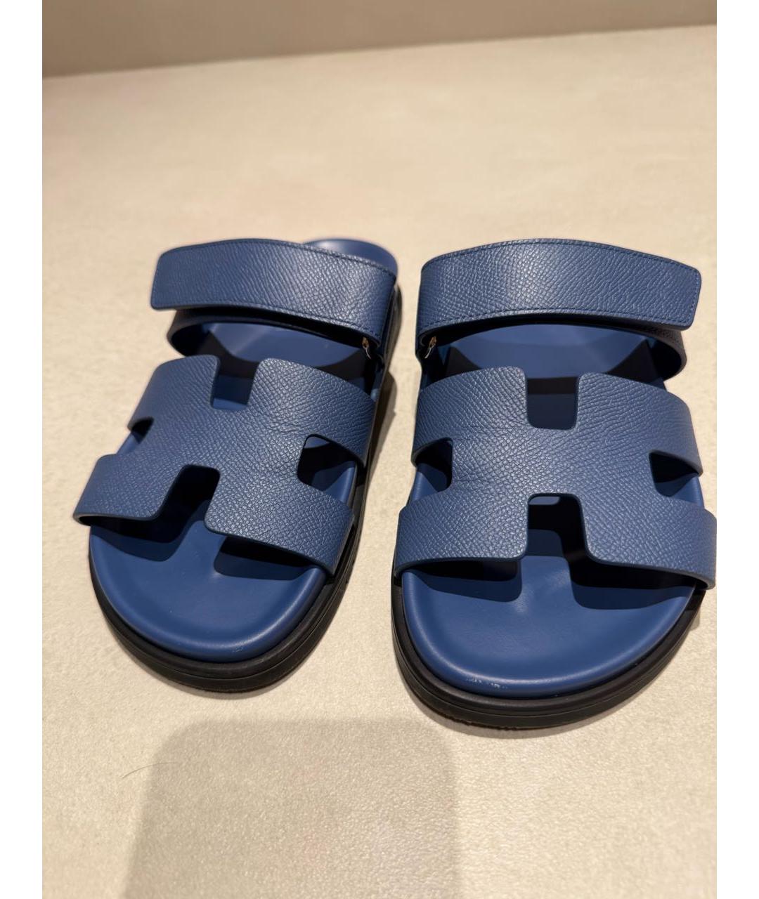 HERMES Синие кожаные шлепанцы, фото 5