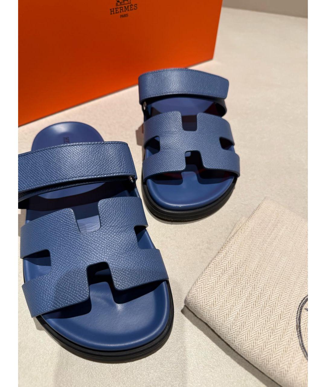 HERMES Синие кожаные шлепанцы, фото 4
