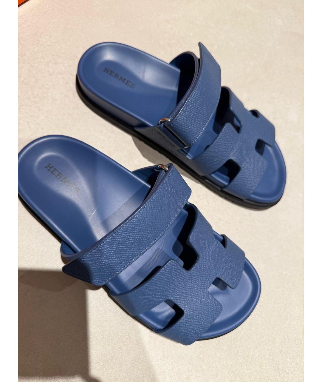 HERMES Синие кожаные шлепанцы, фото 3