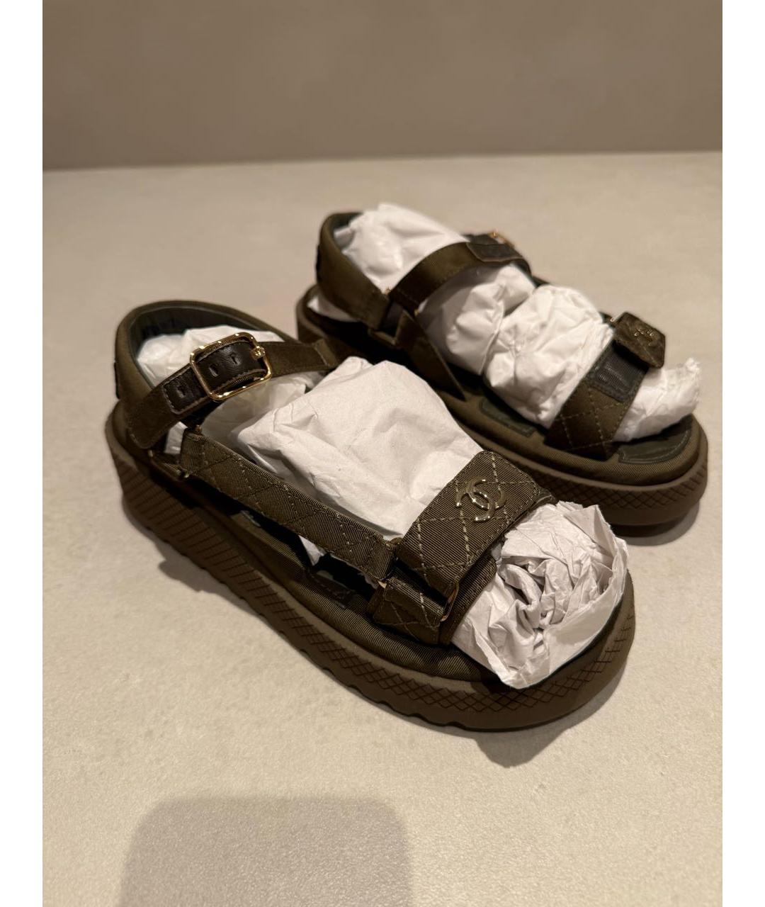 CHANEL Хаки текстильные сандалии, фото 5