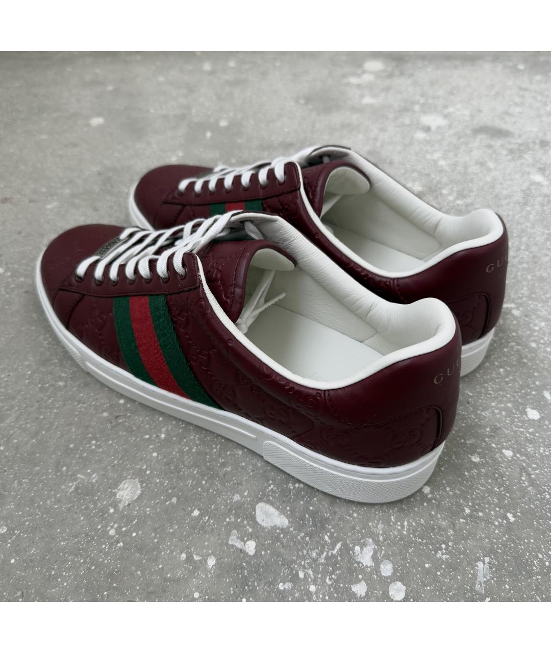GUCCI Бордовые кожаные низкие кроссовки / кеды, фото 3