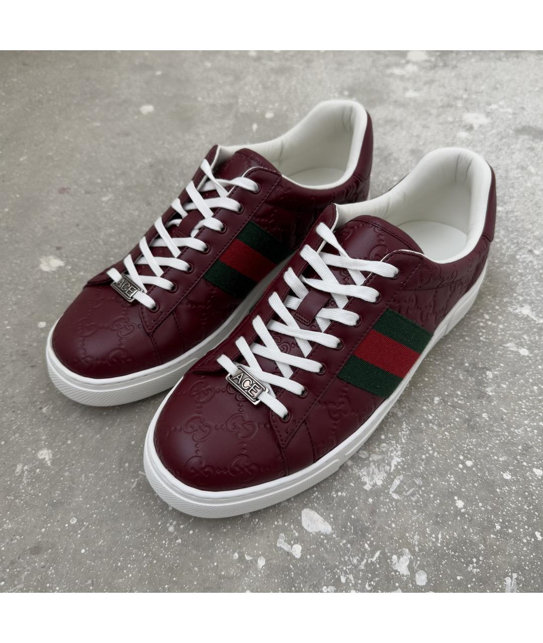GUCCI Бордовые кожаные низкие кроссовки / кеды, фото 2