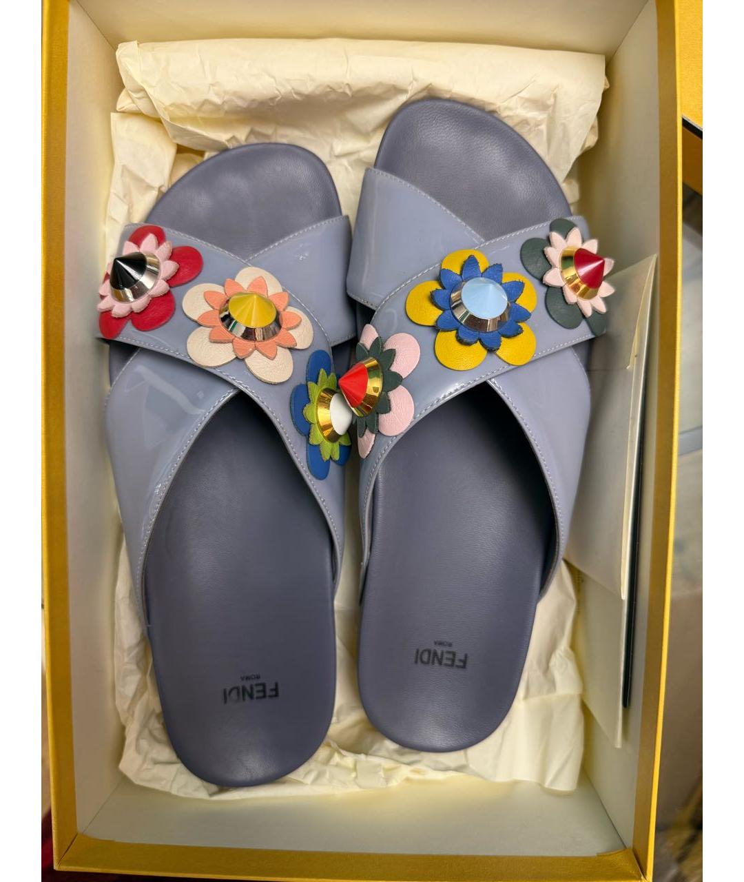 FENDI Голубые кожаные шлепанцы, фото 4