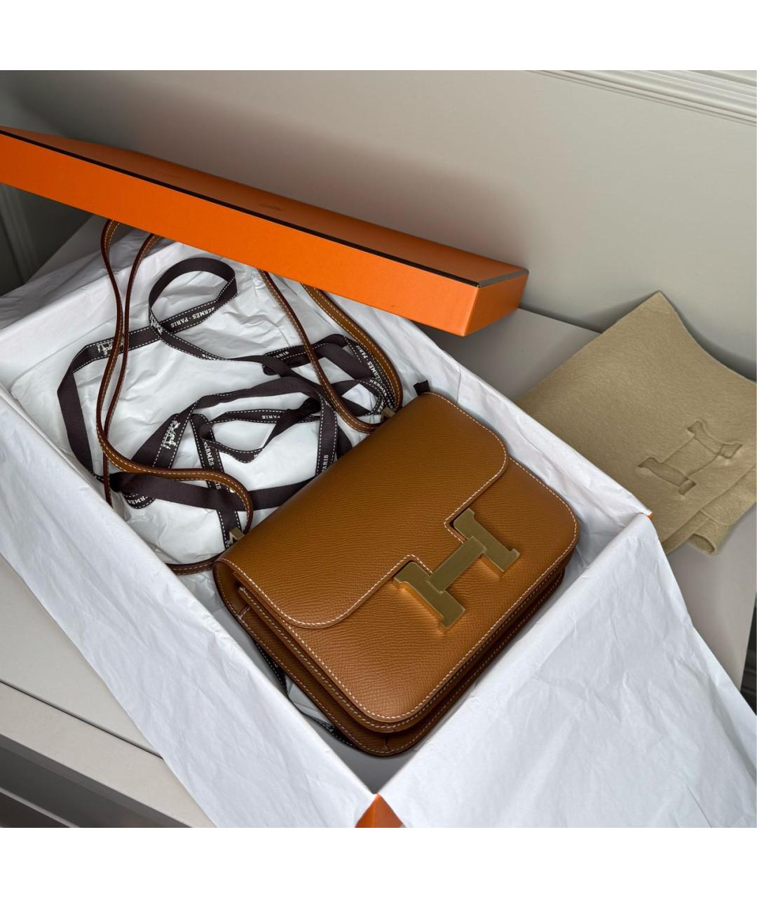 HERMES Золотая кожаная сумка через плечо, фото 5