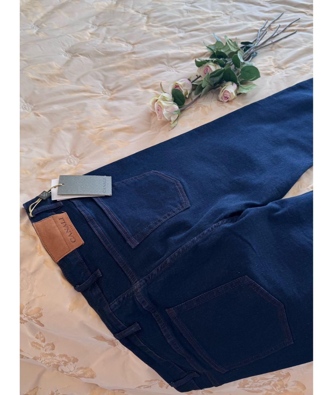 CANALI Темно-синие хлопко-леновые прямые джинсы, фото 4