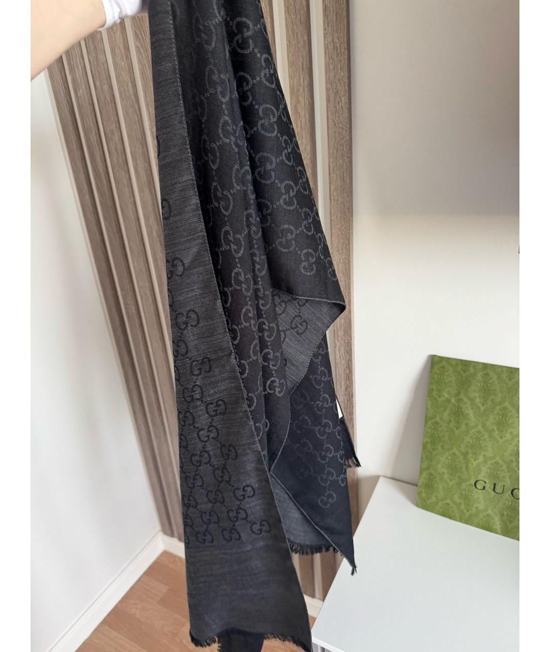 GUCCI Черный шерстяной шарф, фото 7