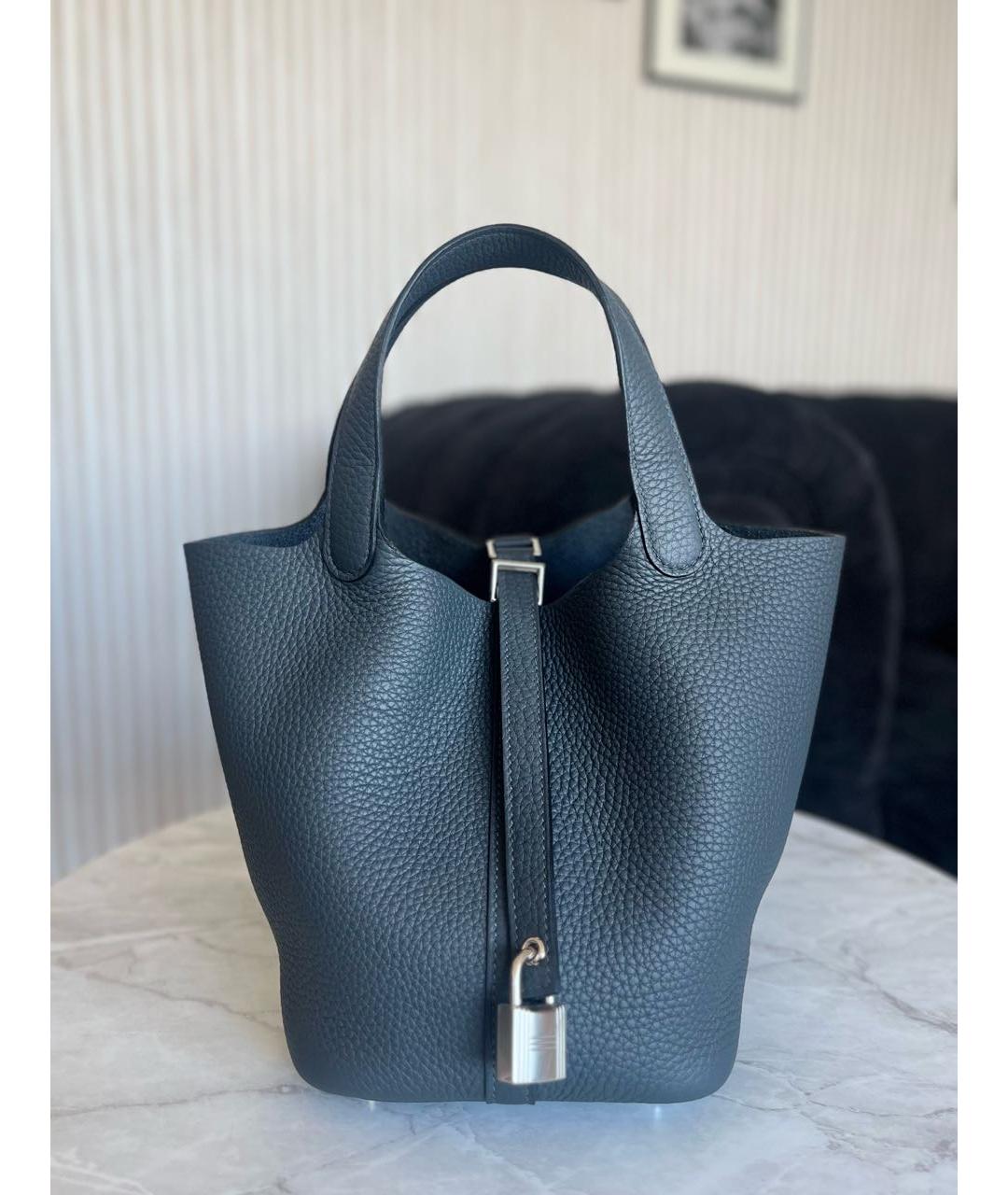 HERMES Темно-синяя кожаная сумка тоут, фото 4