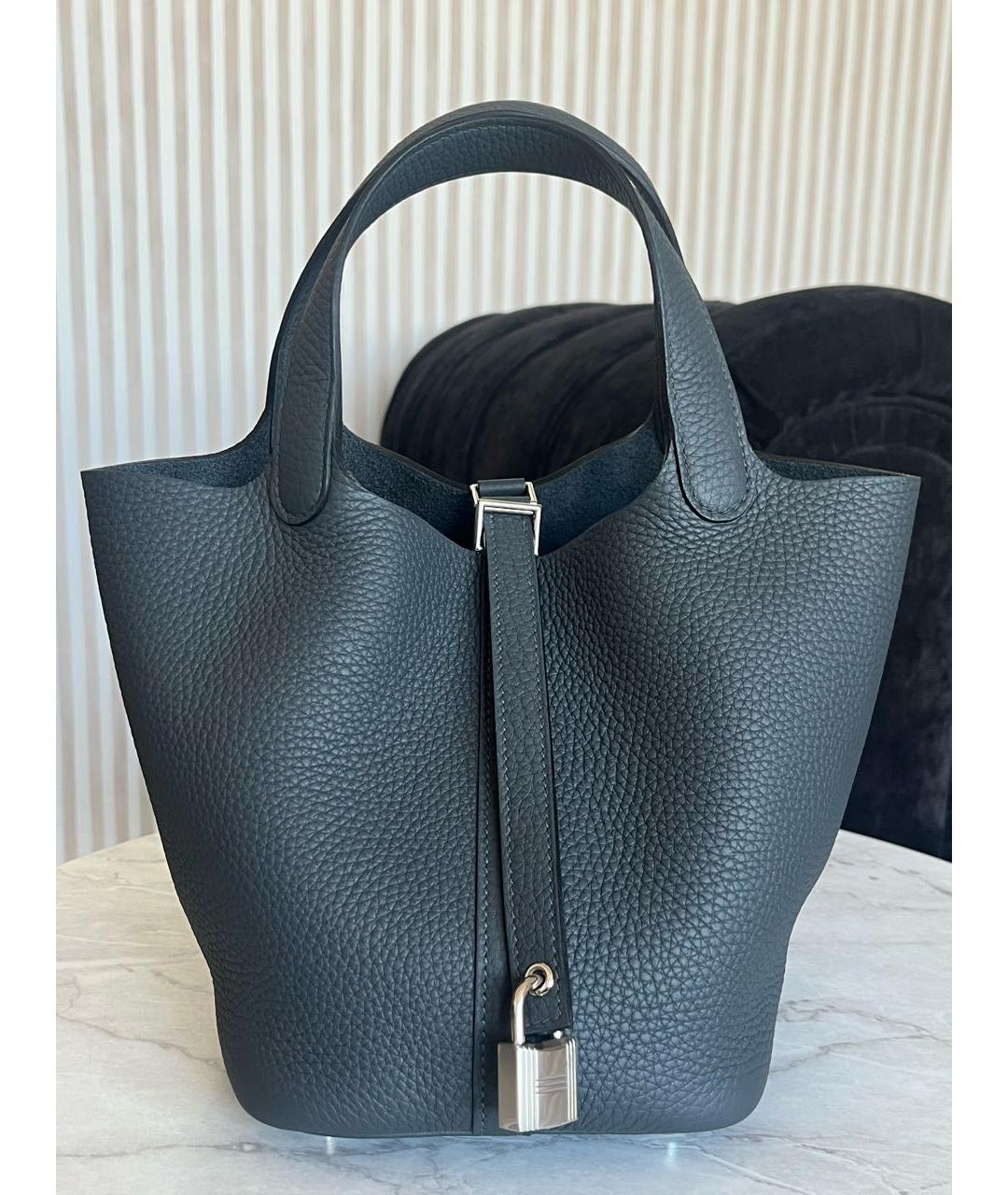HERMES Темно-синяя кожаная сумка тоут, фото 2