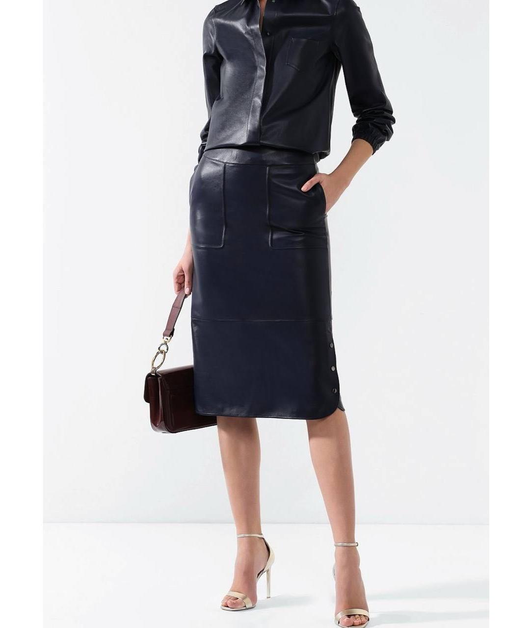 LORO PIANA Темно-синяя кожаная юбка миди, фото 4