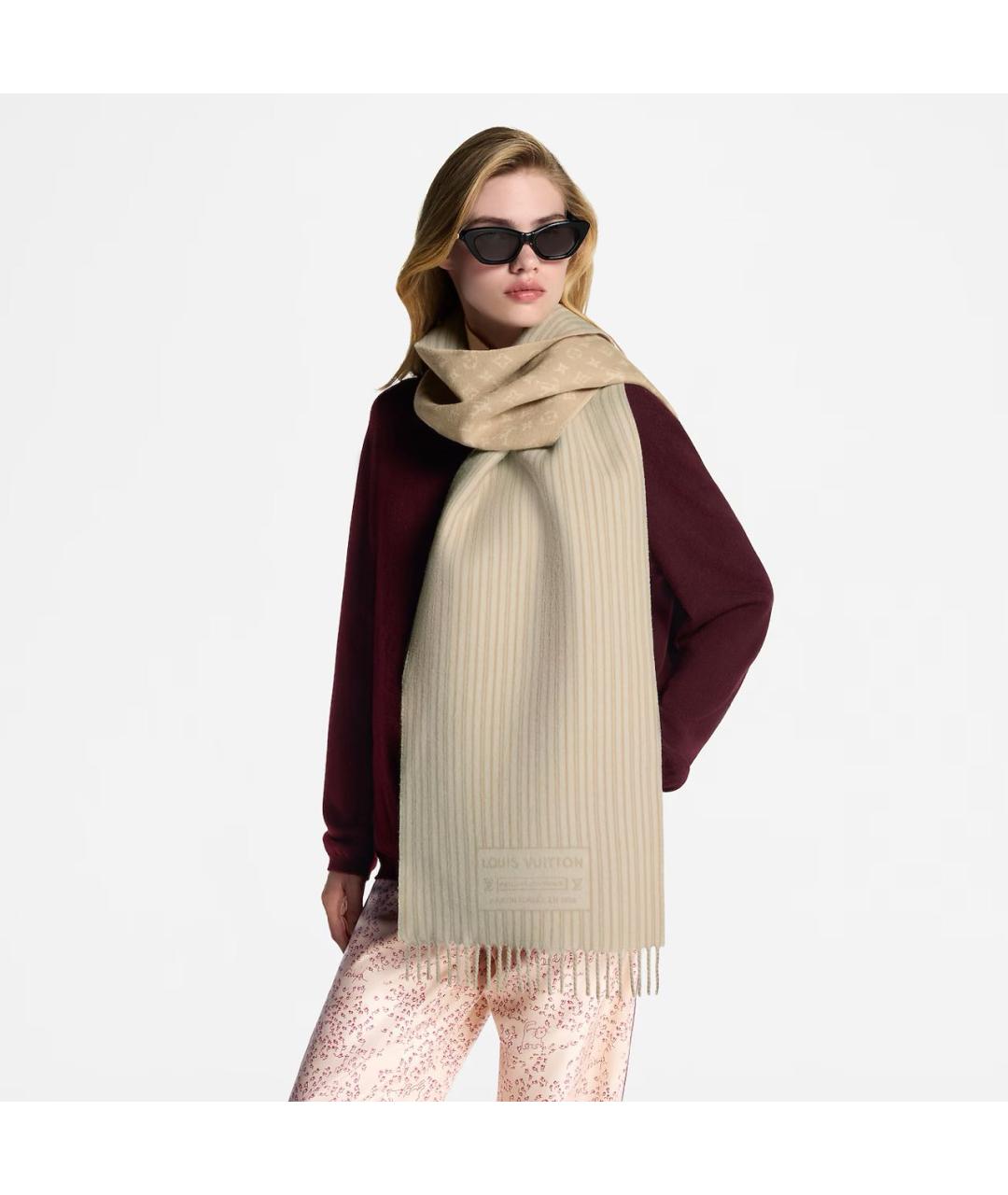 LOUIS VUITTON Бежевый шерстяной шарф, фото 4