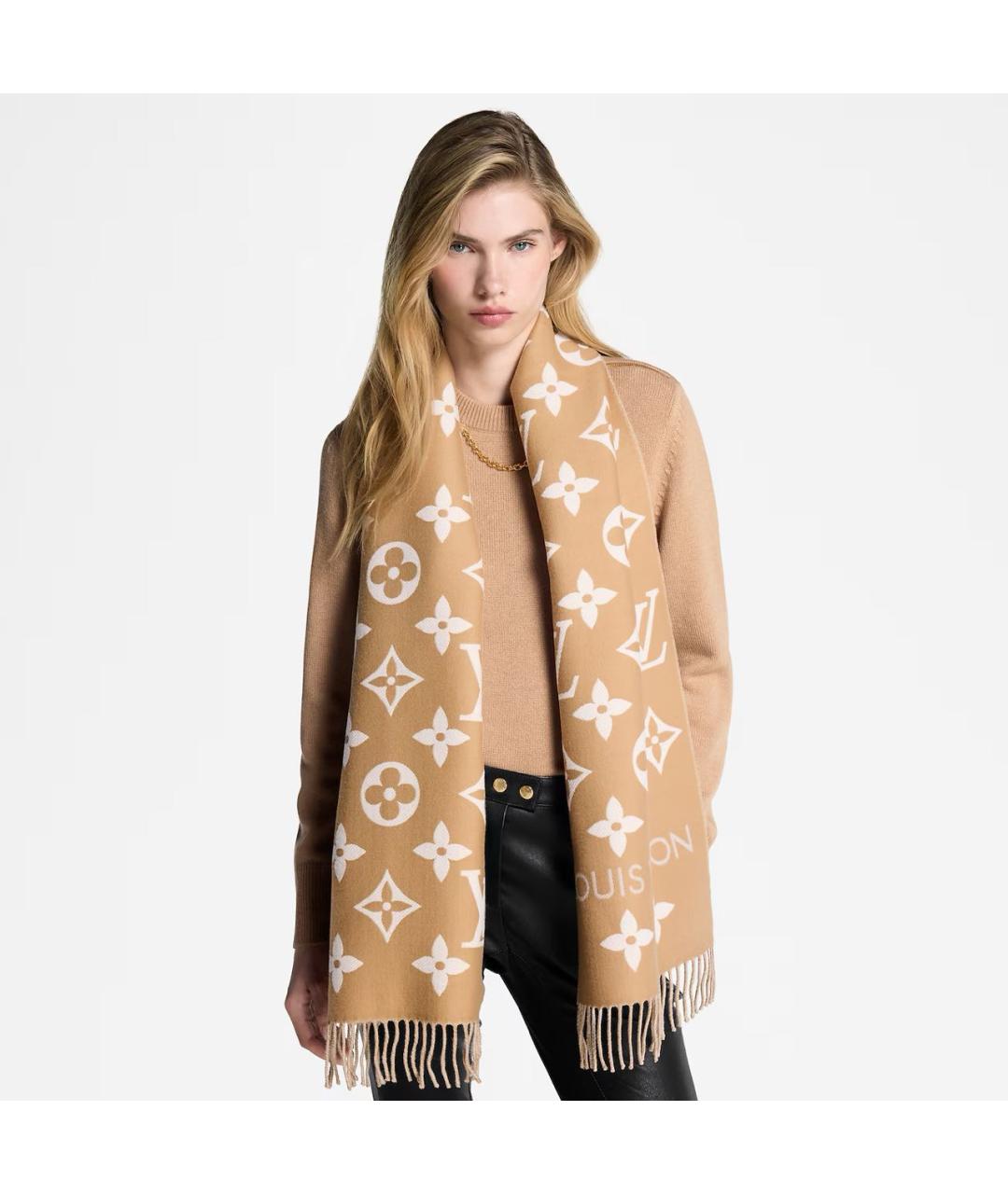 LOUIS VUITTON Бежевый шерстяной шарф, фото 5