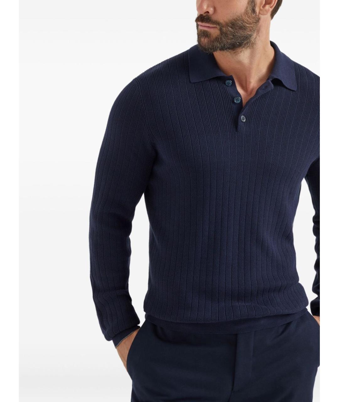 BRUNELLO CUCINELLI Синее хлопковое поло с длинным рукавом, фото 2