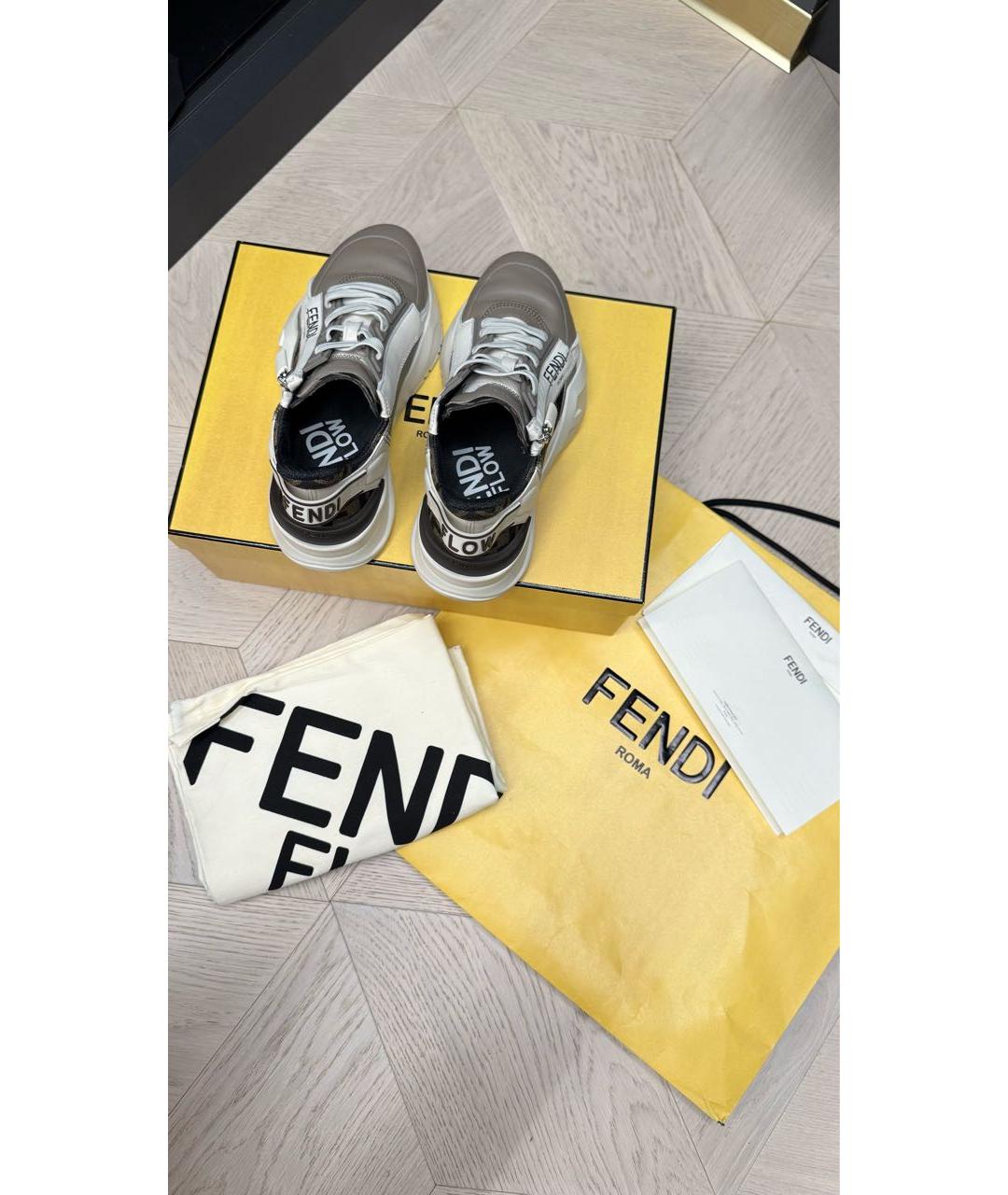 FENDI Бежевые кожаные кроссовки, фото 5