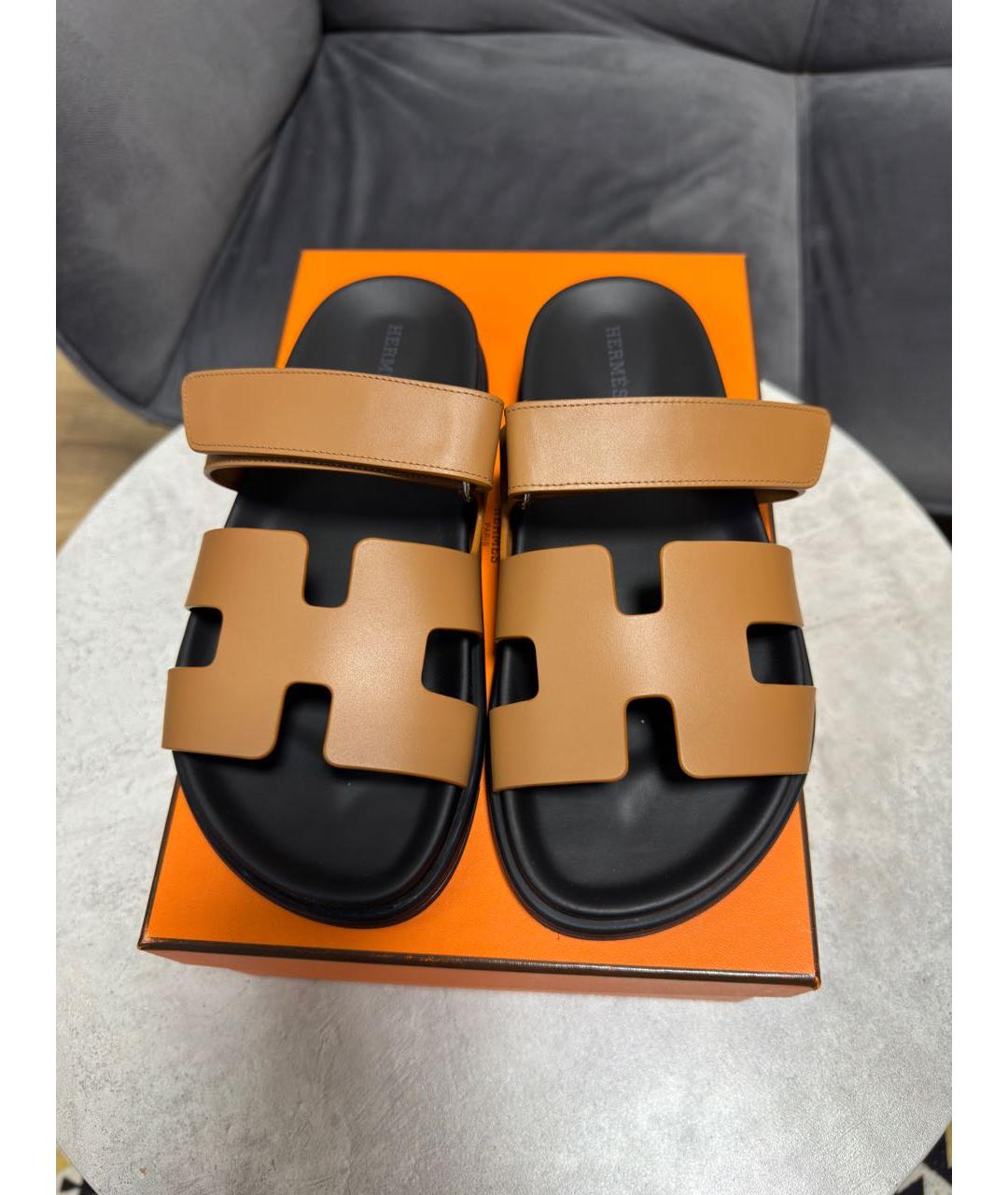 HERMES Коричневые кожаные шлепанцы, фото 2