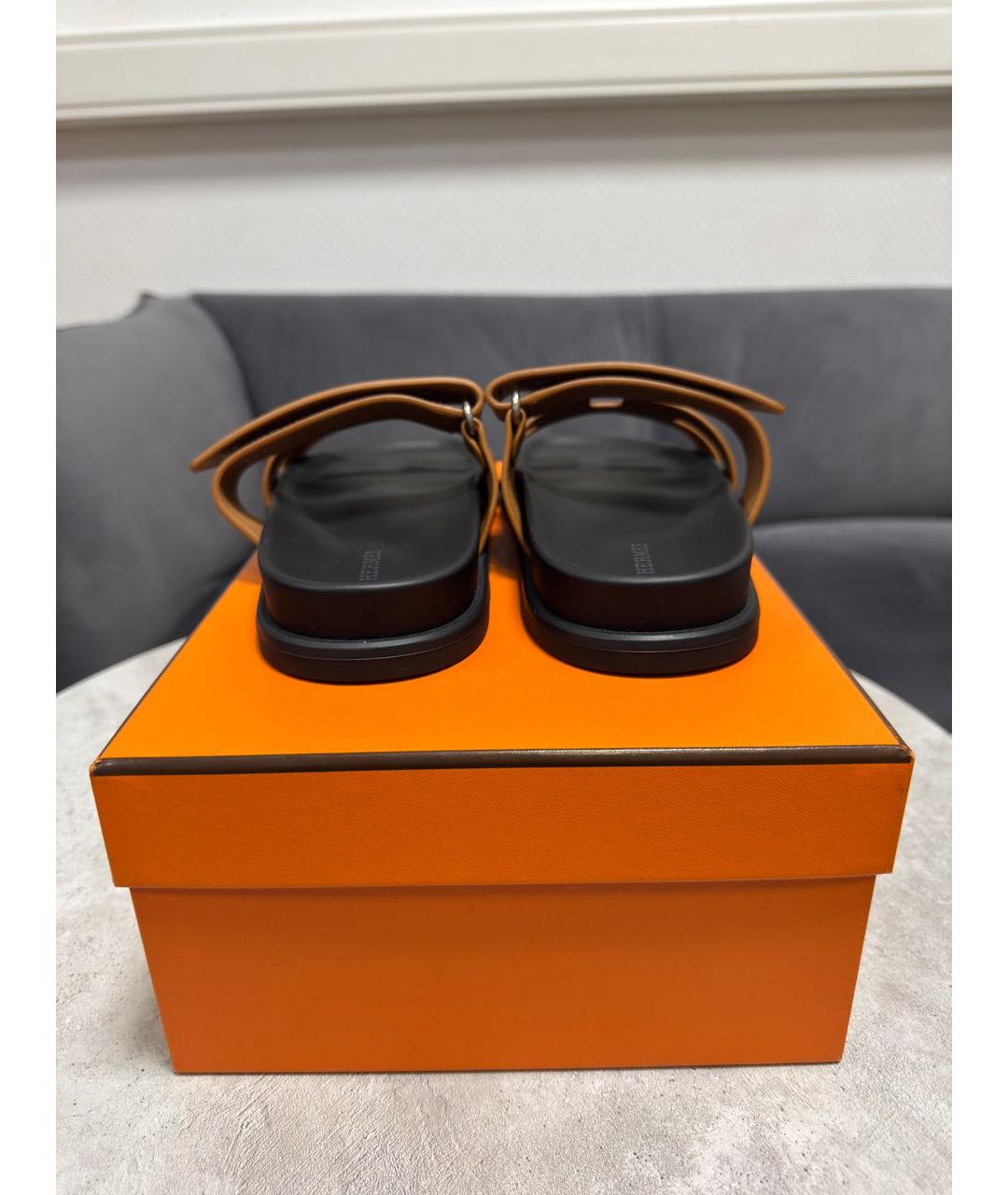 HERMES Коричневые кожаные шлепанцы, фото 4
