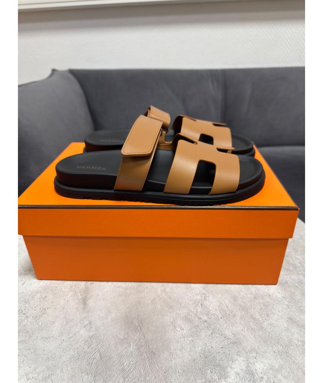 HERMES Коричневые кожаные шлепанцы, фото 7