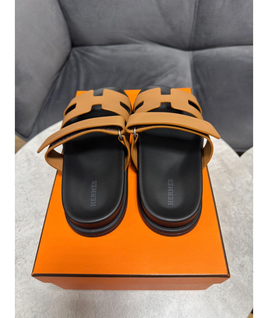 HERMES Коричневые кожаные шлепанцы, фото 3