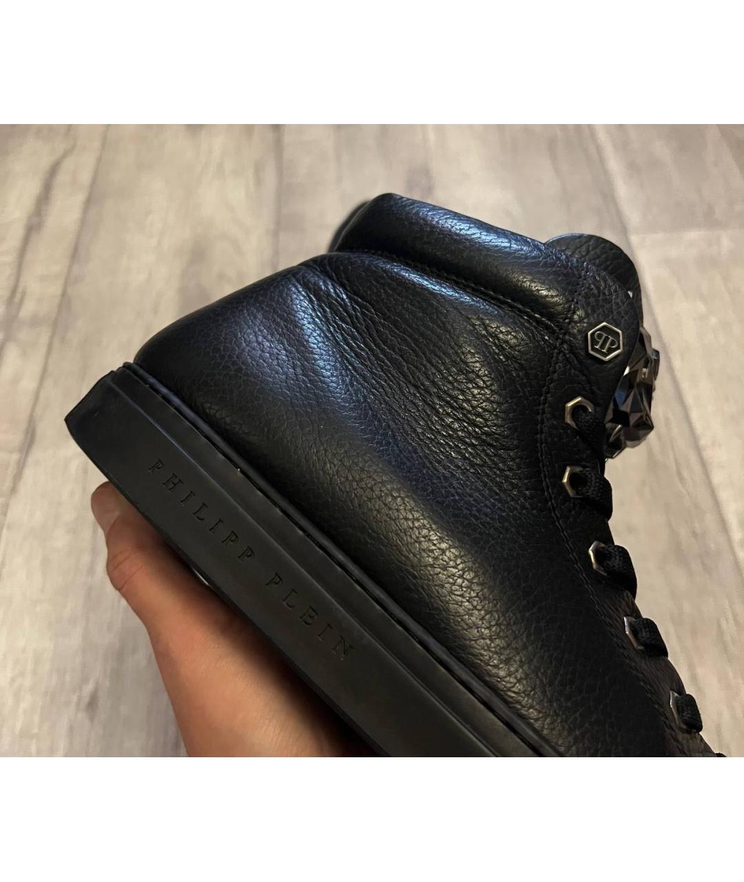 PHILIPP PLEIN Черные кожаные высокие кроссовки / кеды, фото 6