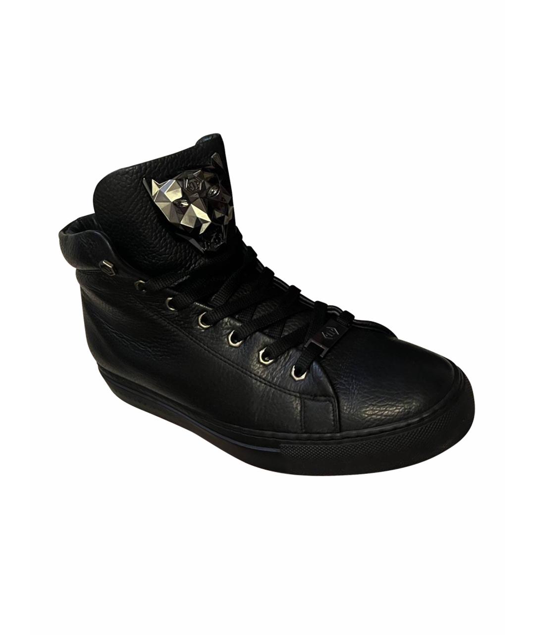 PHILIPP PLEIN Черные кожаные высокие кроссовки / кеды, фото 1