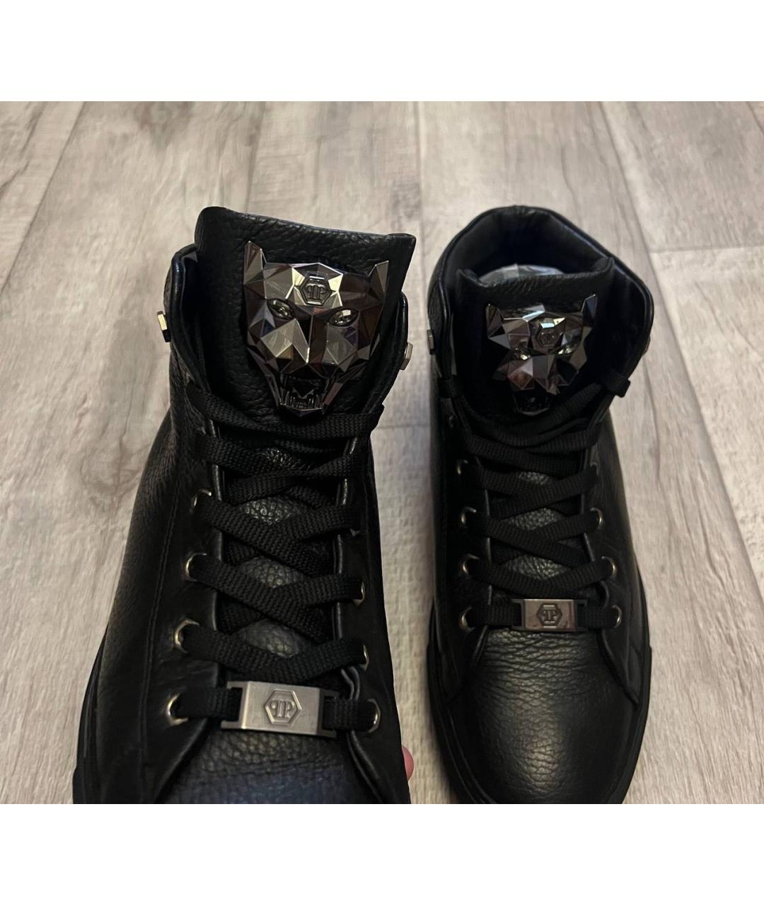 PHILIPP PLEIN Черные кожаные высокие кроссовки / кеды, фото 3