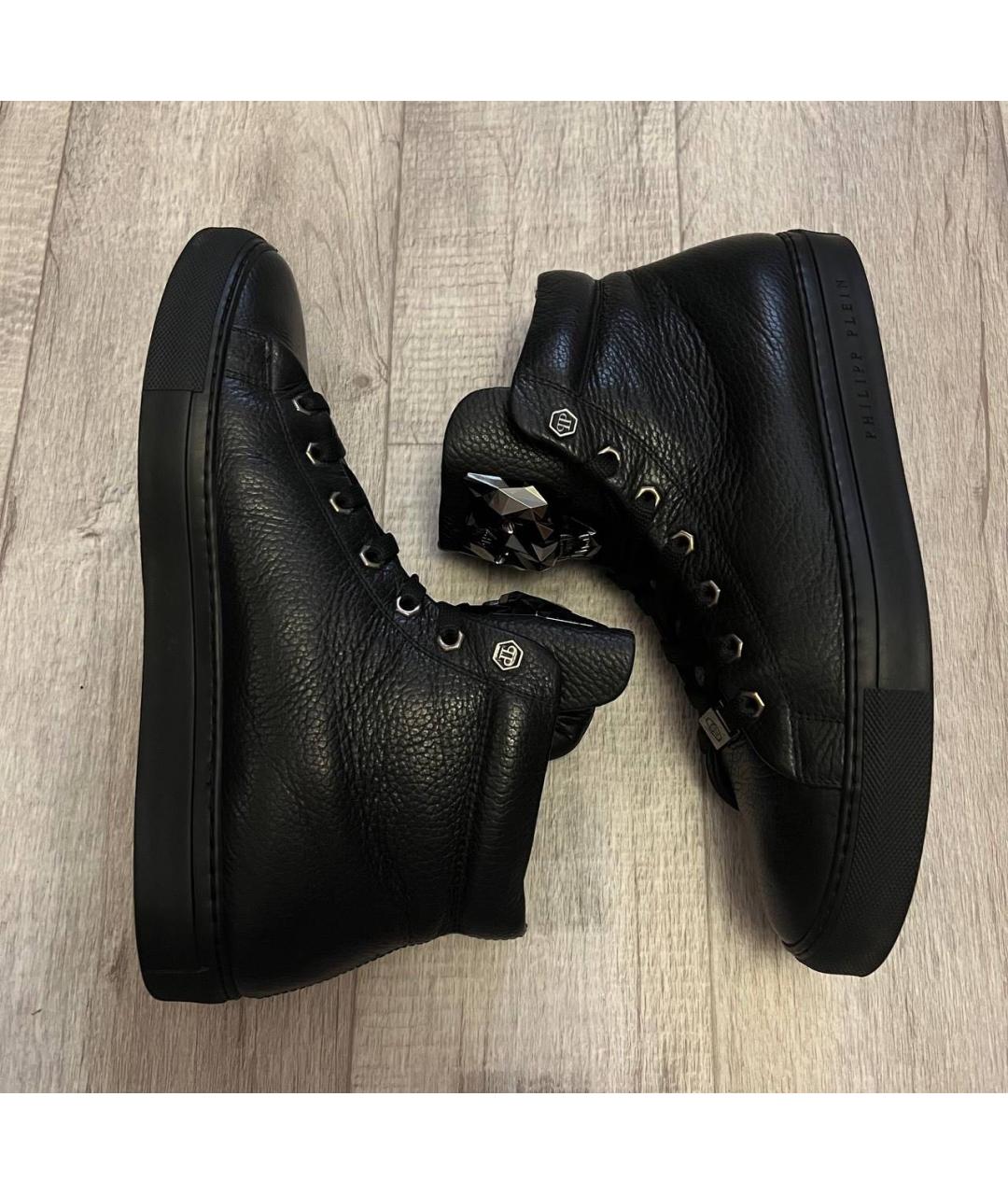 PHILIPP PLEIN Черные кожаные высокие кроссовки / кеды, фото 5
