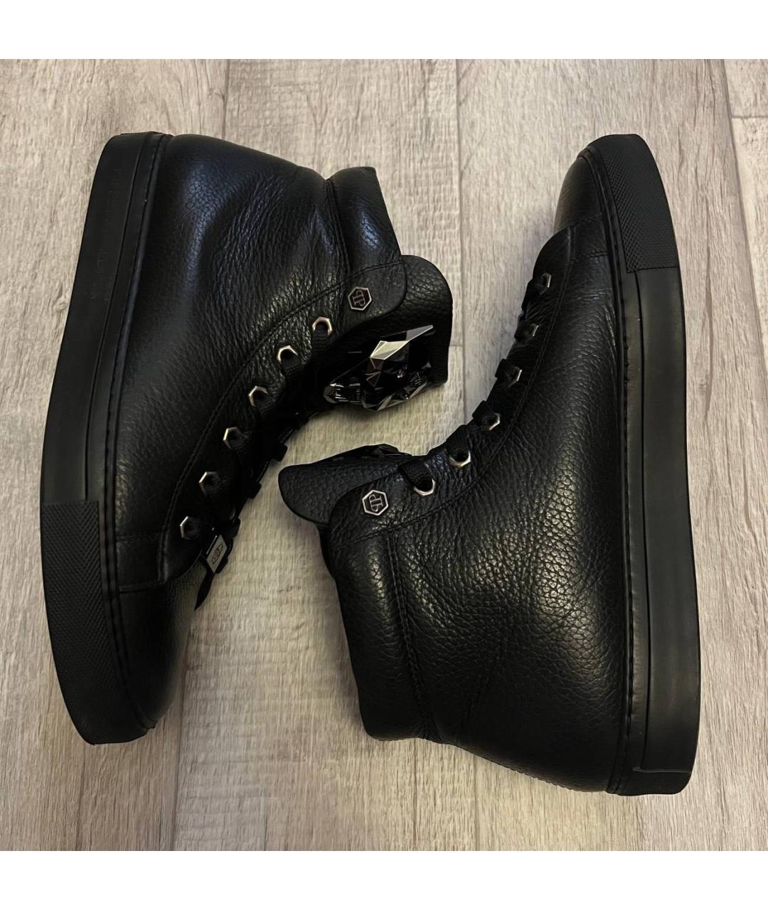 PHILIPP PLEIN Черные кожаные высокие кроссовки / кеды, фото 4